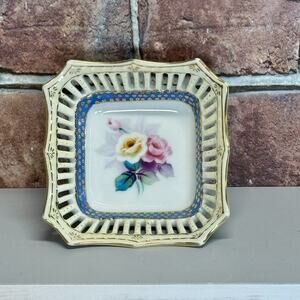 VTG Aiyo China Occupied Japan Square Reticulated Border Floral Trinket Dish Bowl